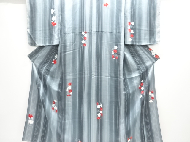 未使用品　縞に花模様小紋着物